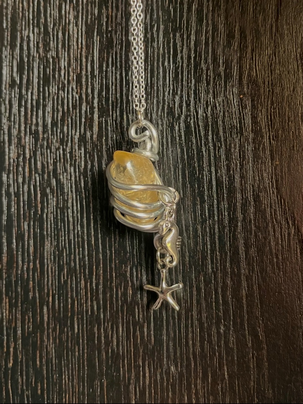 Silver Seaglass Pendant Necklace with Yellow Sea Glass and Starfish Charm